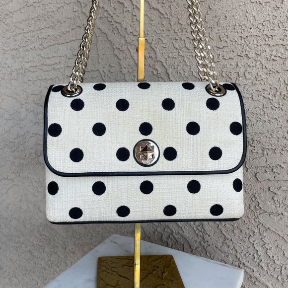KATE SPADE Black & White Polka Dot Textured Natalia Chain Strap Flap Satchel Bag - Picture 17 of 17
